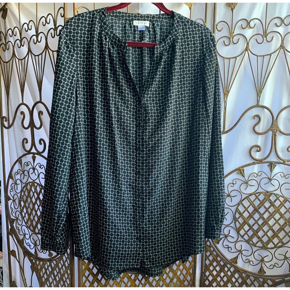 Jaclyn Smith Collection Black White Geometric Long Sleeve V Neck Blouse Plus XXL